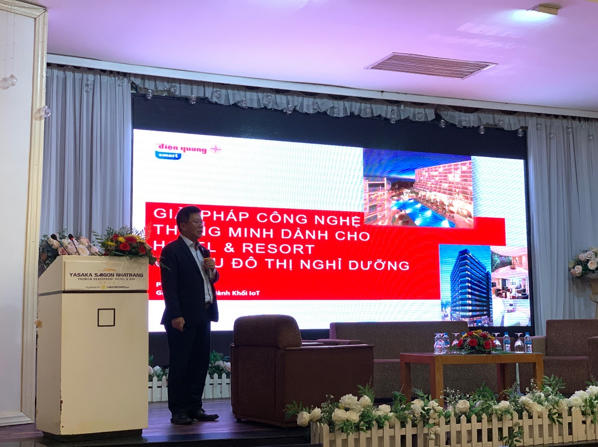 Ông Phạm Lê Minh – Giám đốc điều hành khối IoT của Điện Quang  mang đến Hội thảo Bộ giải pháp Chiếu Sáng và Điều khiển thông minh trong du lịch với tính năng an toàn,hiệu quả, tiết kiệm.