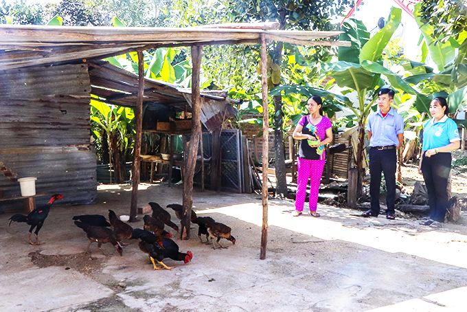 Cán bộ thôn Phước Lương và Hội Phụ nữ xã Diên Thọ thăm mô hình  sản xuất của gia đình bà Huỳnh Thị Tuyết Phúc. 