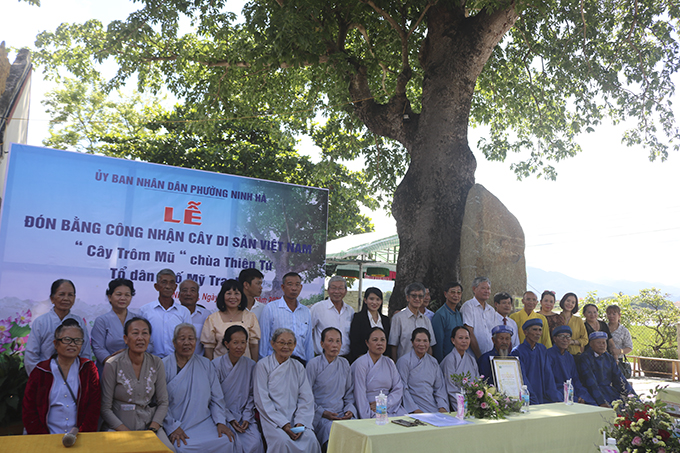 Trụ trì chùa, bô lão và người dân vui mừng đón nhận cây Trôm mủ là cây Di sản Việt Nam.