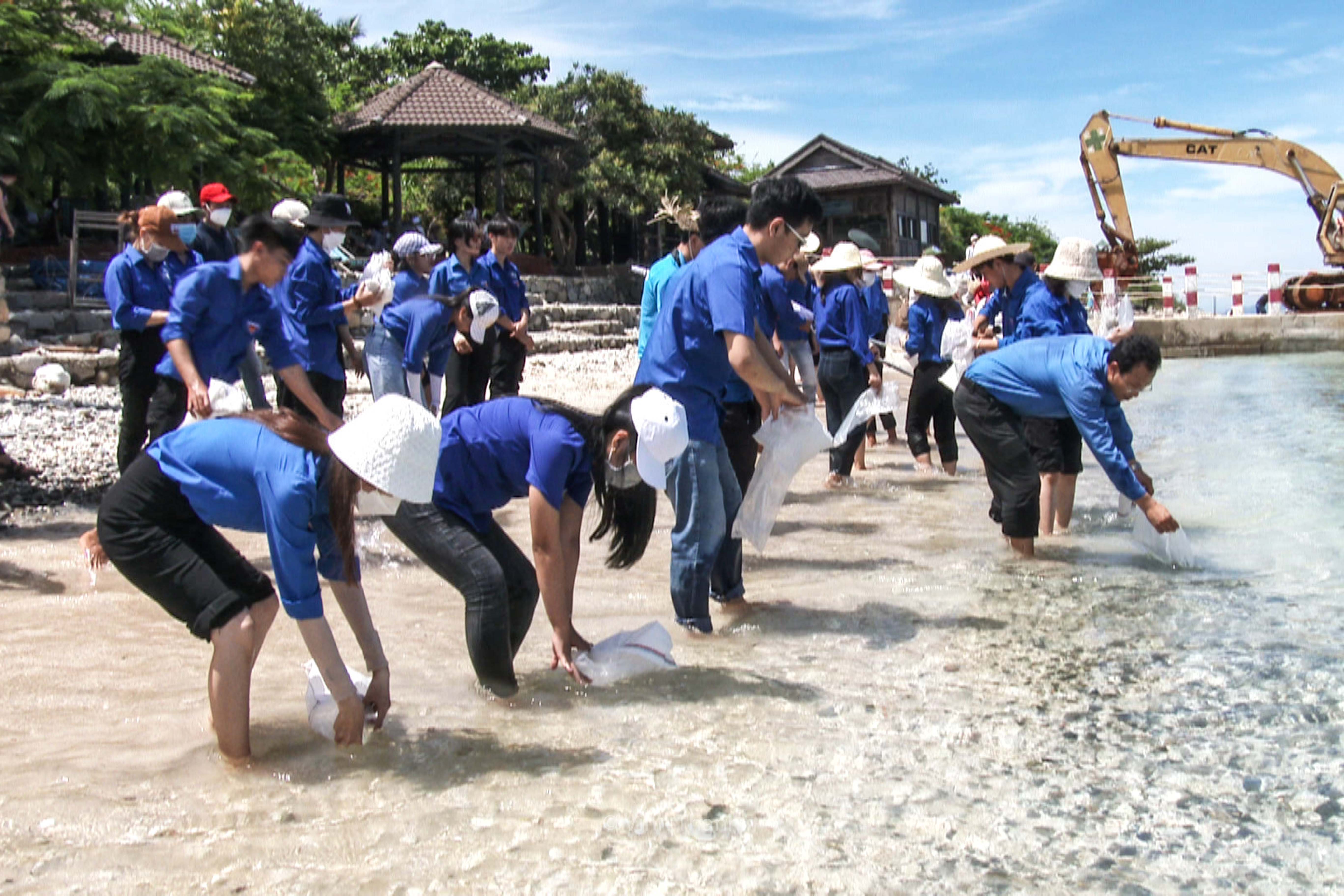 Các sinh viên cùng các đại biểu thả con giống tái tạo nguồn lợi thuỷ sản khu vực biển Hòn Mun